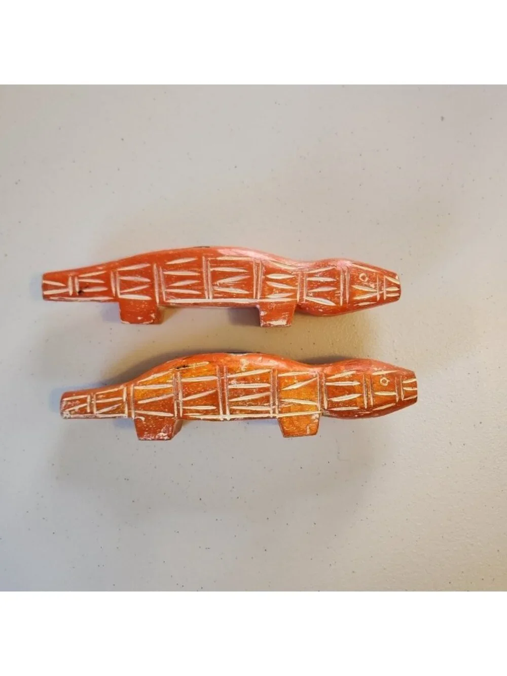 Vintage Pottery Barn Boho Whitewashed Orange Figural Lizard Wood Candle Holders